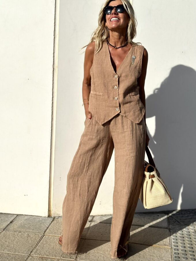 Calista - Elegante Bruine Linnen Gilet en Broek Set voor Dames | Perfect voor Lente- en Zomeroutfits