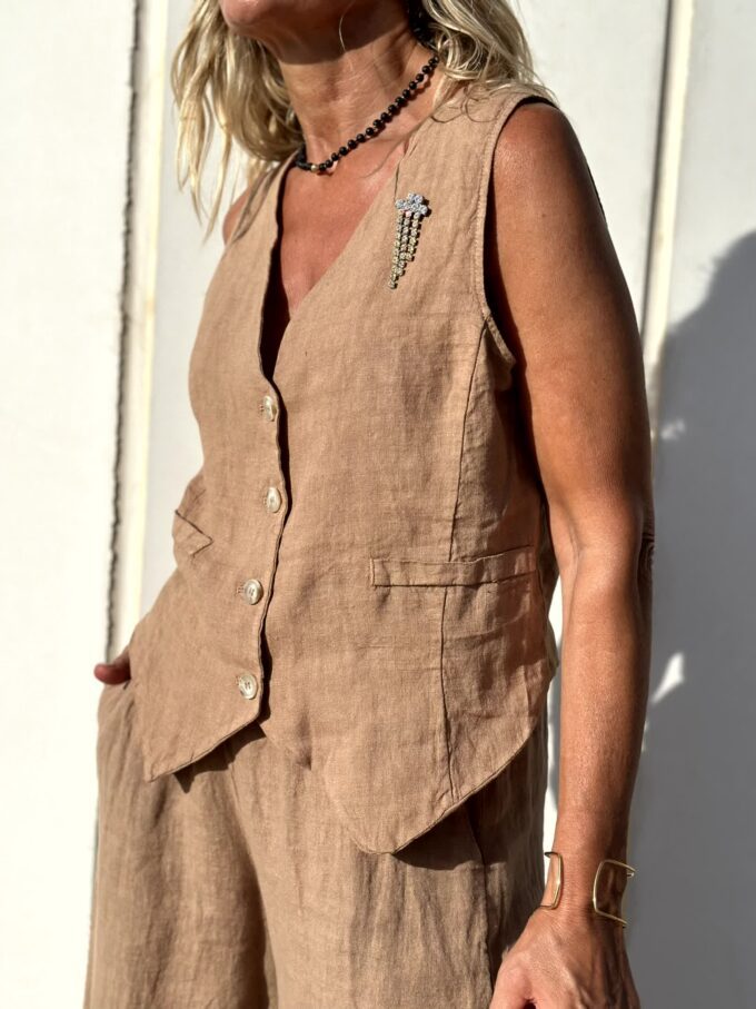 Calista - Elegante Bruine Linnen Gilet en Broek Set voor Dames | Perfect voor Lente- en Zomeroutfits