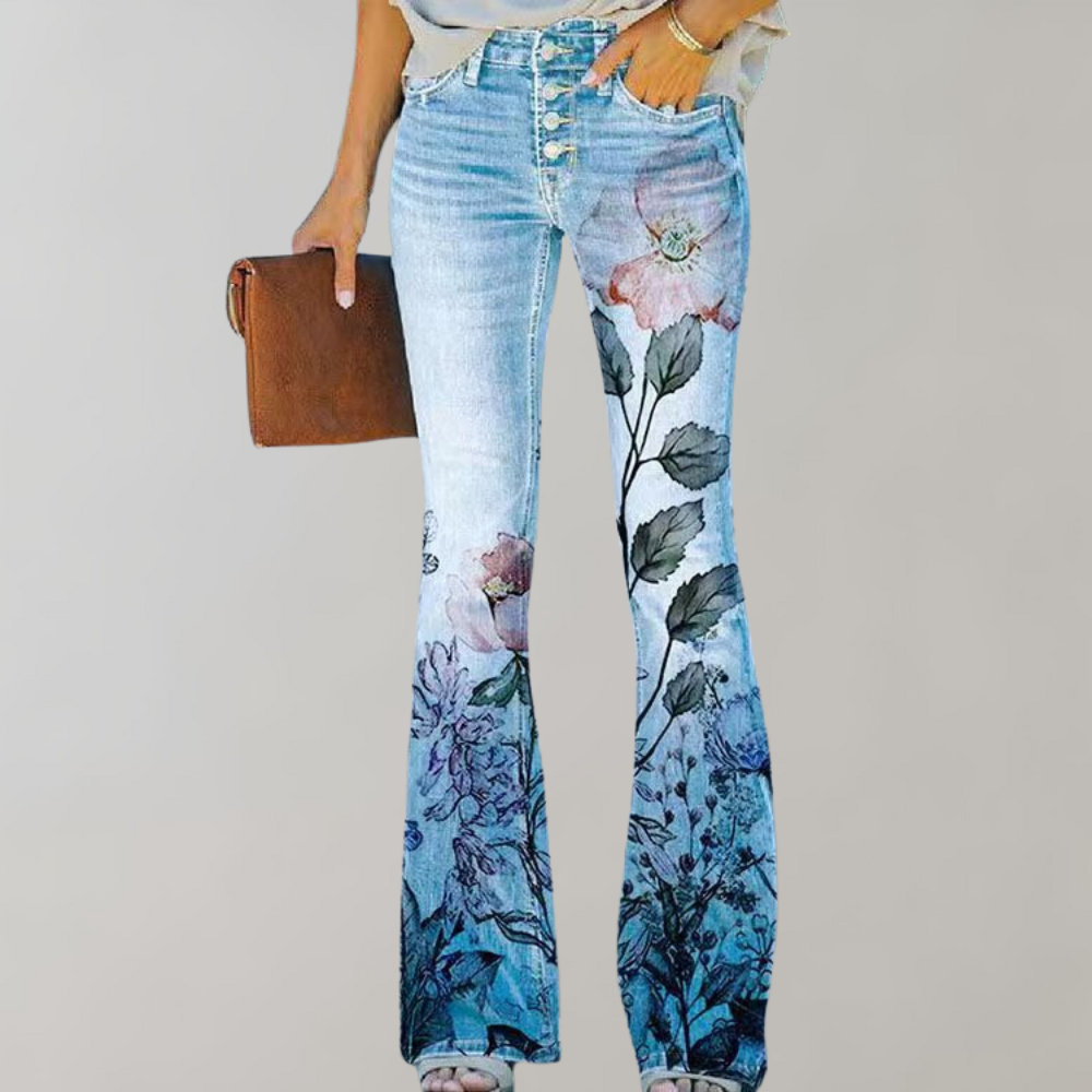 Rivka Flare – Trendy flare broek met levendige prints en comfy fit