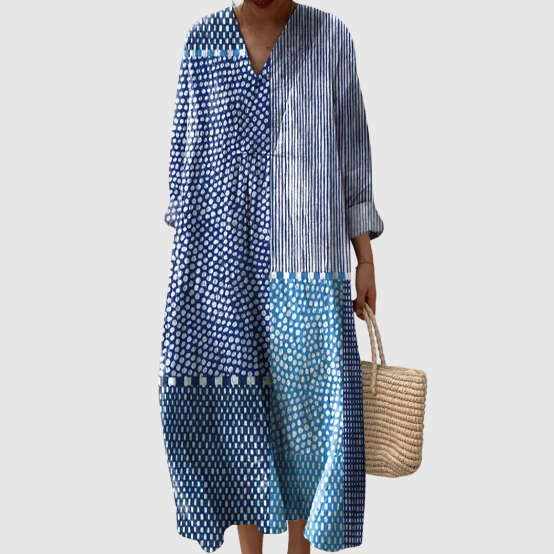 Dames maxi jurk met V-hals en print in blauwtinten