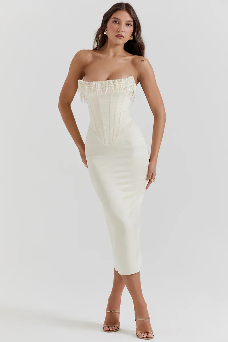 Elegante strapless midi jurk met pareldetails voor dames
