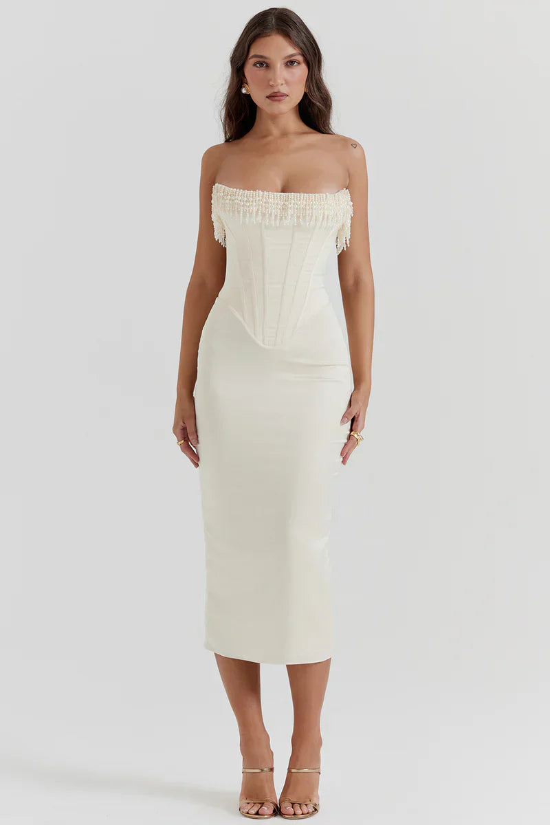Elegante strapless midi jurk met pareldetails voor dames