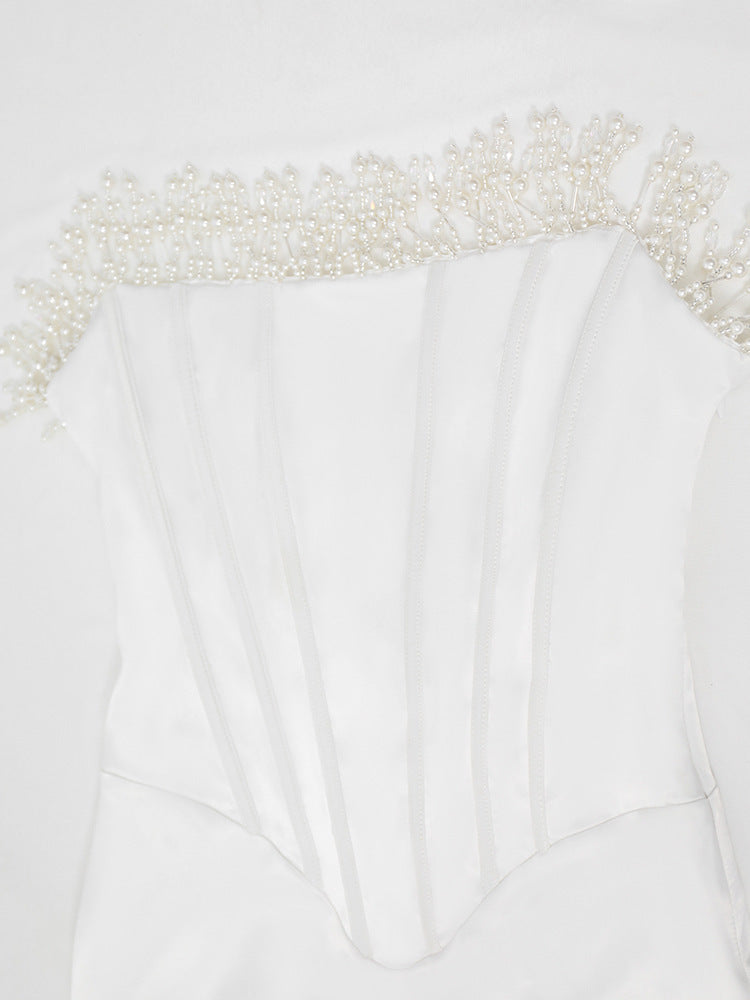 Elegante strapless midi jurk met pareldetails voor dames