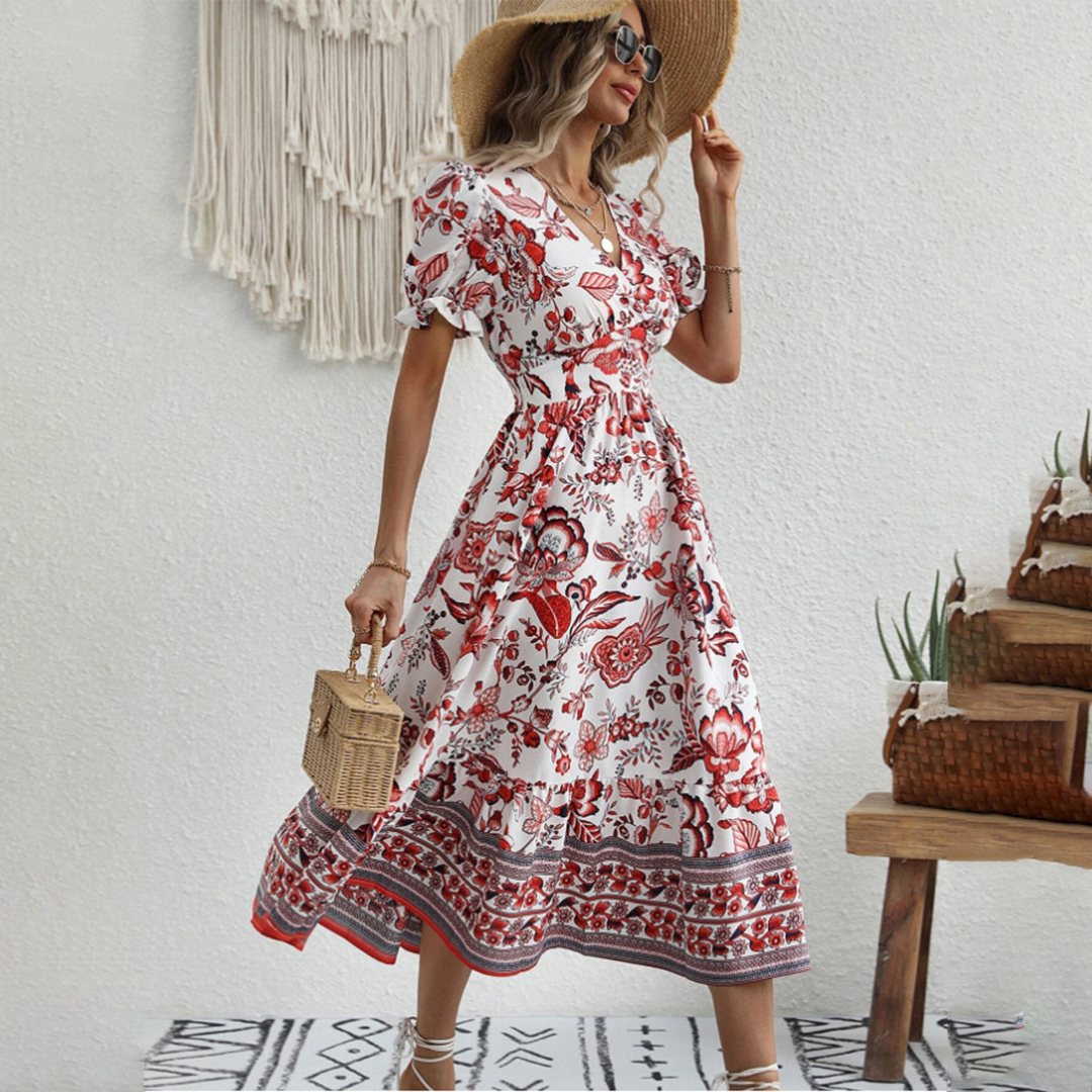 Floravienne – Elegante zomerjurk met bloemenprint en V-hals voor dames