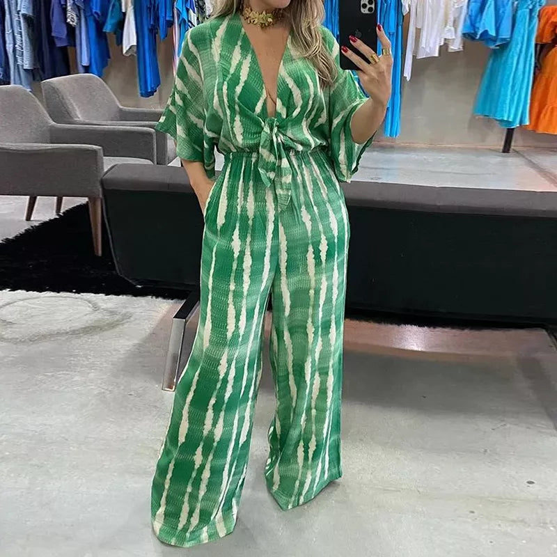 Elyndra – Elegante Dames Jumpsuit met V-Hals en Wijde Pijpen