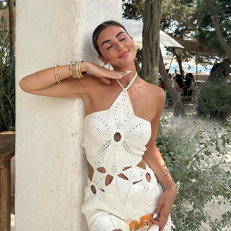 Gehaakte dames set met haltertop en mini-rok – katoen, boho stijl