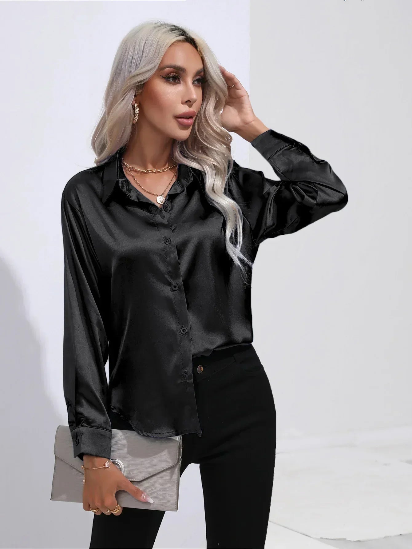 Serenya – Satijnen Blouse met Lange Mouwen, Elegant & Tijdloos voor Kantoor en Events