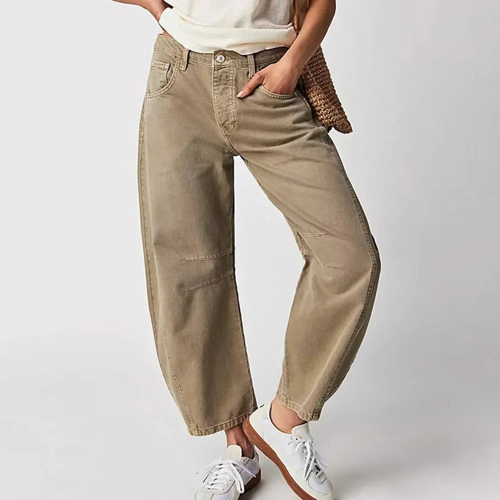 Dames balloon broek met wijde pijpen en stretch – lage taille