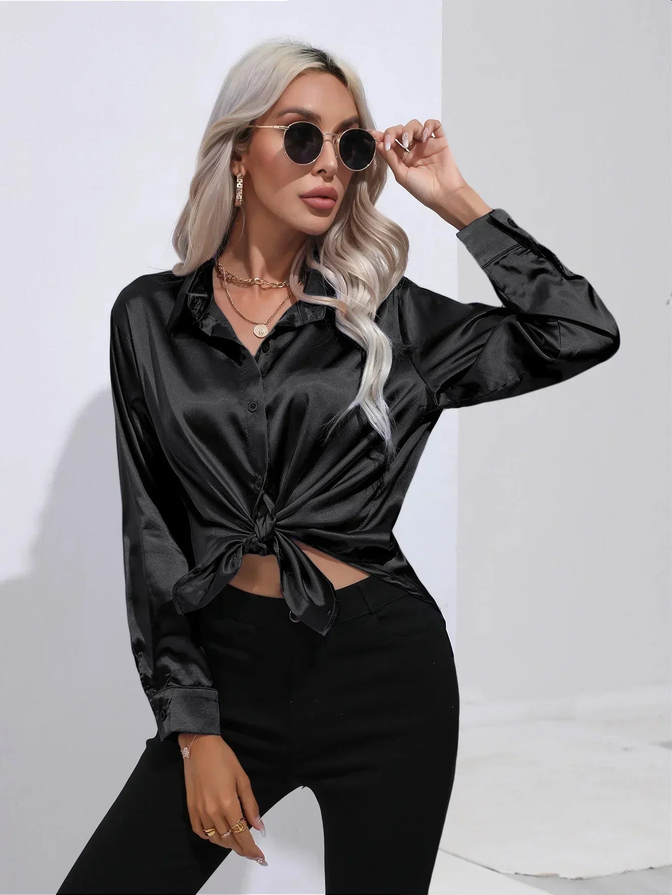 Serenya – Satijnen Blouse met Lange Mouwen, Elegant & Tijdloos voor Kantoor en Events