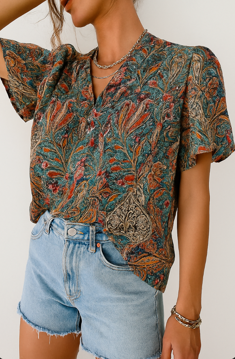 Dames blouse met korte plofmouwen en V-hals – luchtig en stijlvol