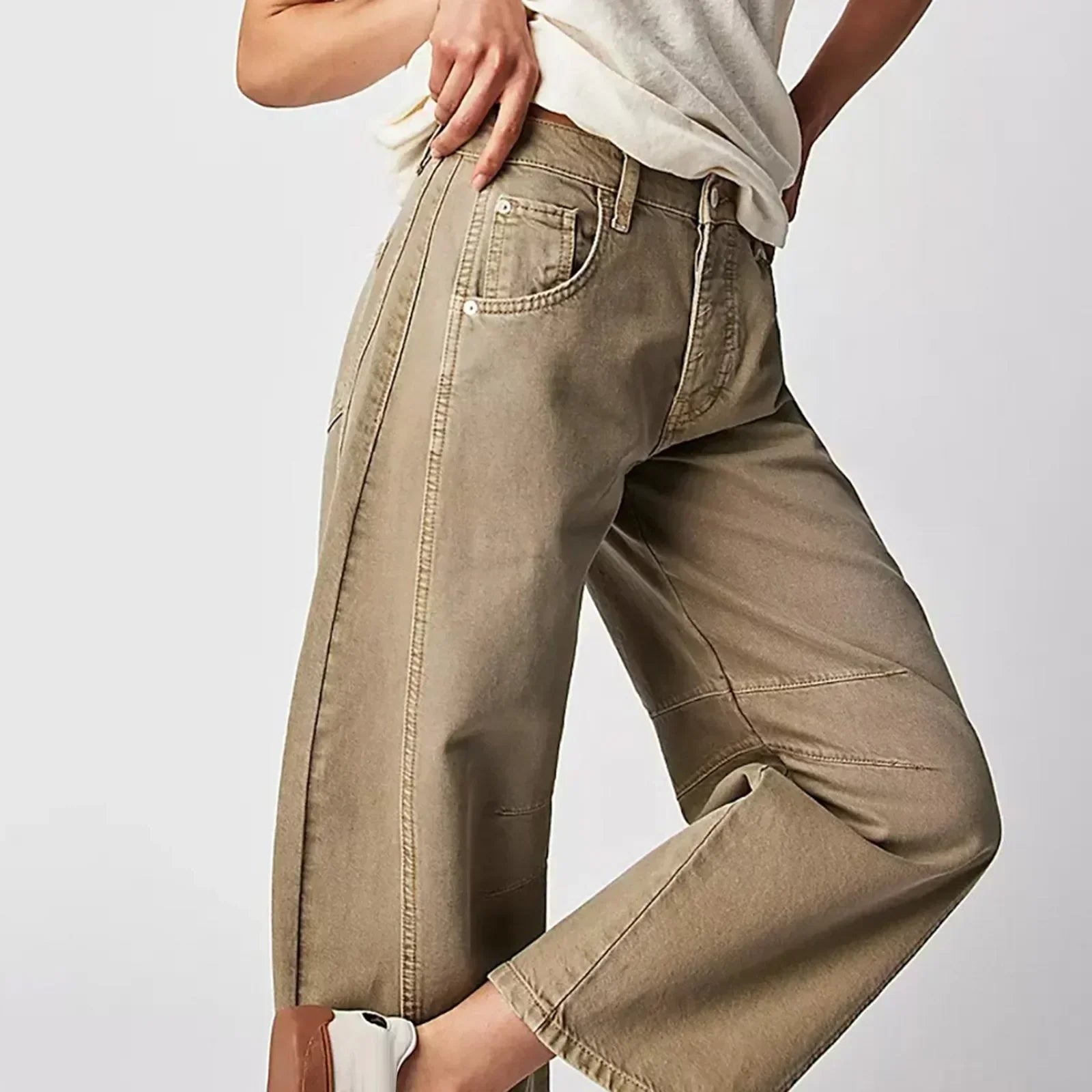 Dames balloon broek met wijde pijpen en stretch – lage taille