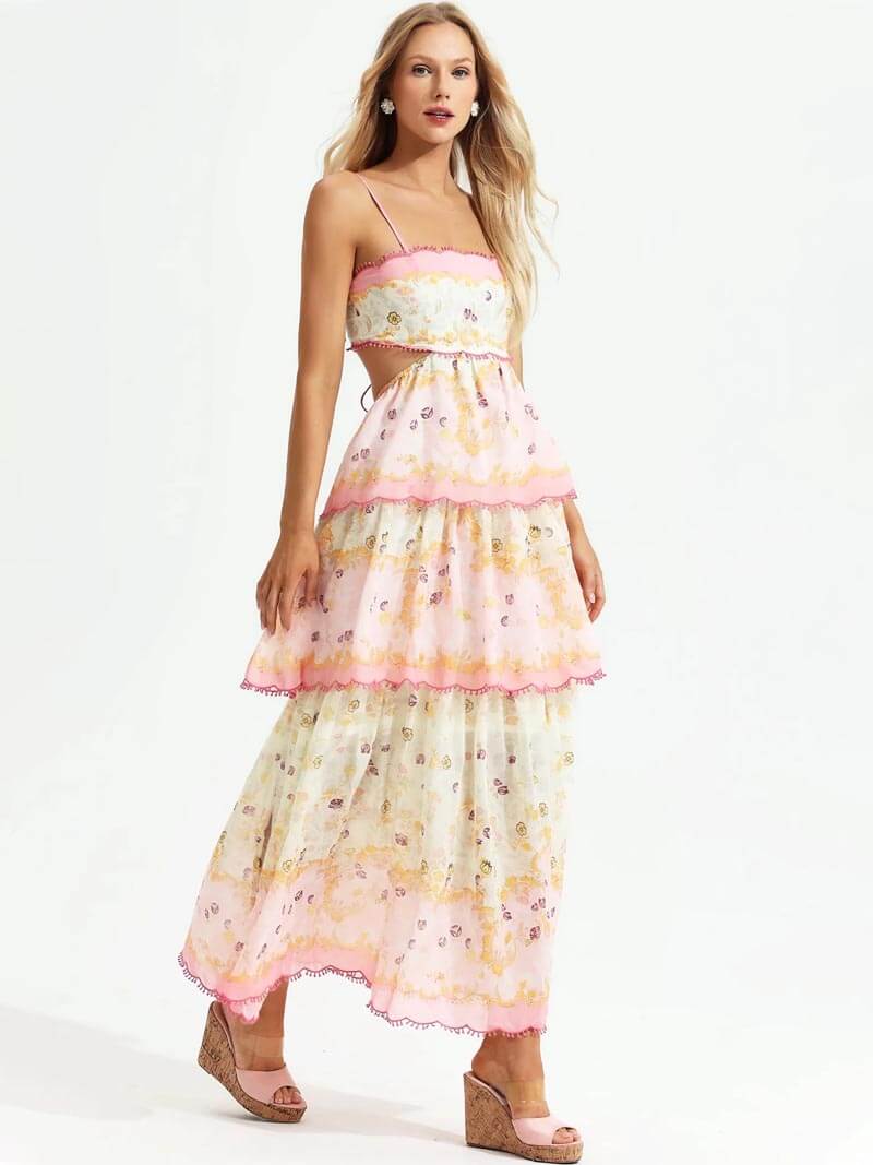 Luchtige dames maxi-jurk met ruches en borduursels – elegant en zomers