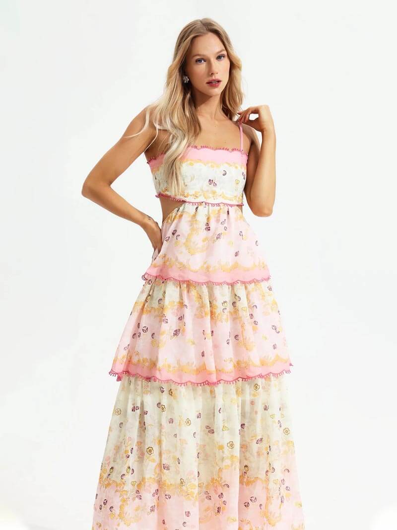Luchtige dames maxi-jurk met ruches en borduursels – elegant en zomers