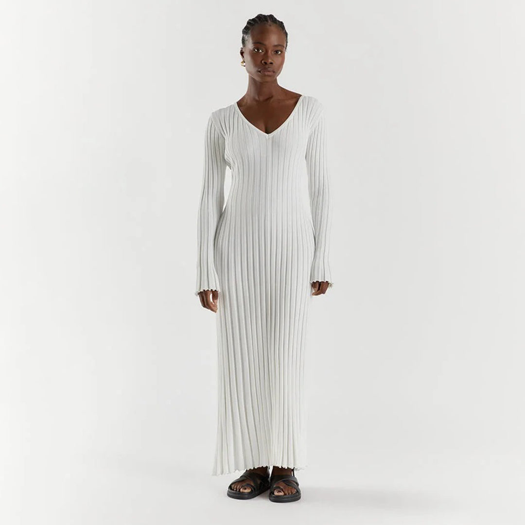 Loréva – Ribgebreide Midi Jurk met Verstelbare Taille en Elegant V-Silhouet