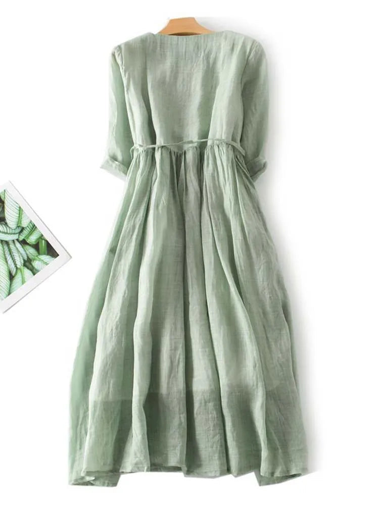 Dames midi zomerjurk van linnen – luchtig, bohemian en comfortabel