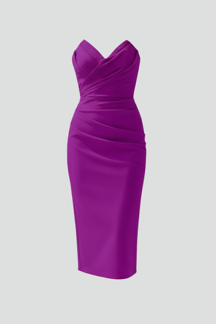Elegante strapless midi jurk met geplooide pasvorm voor dames