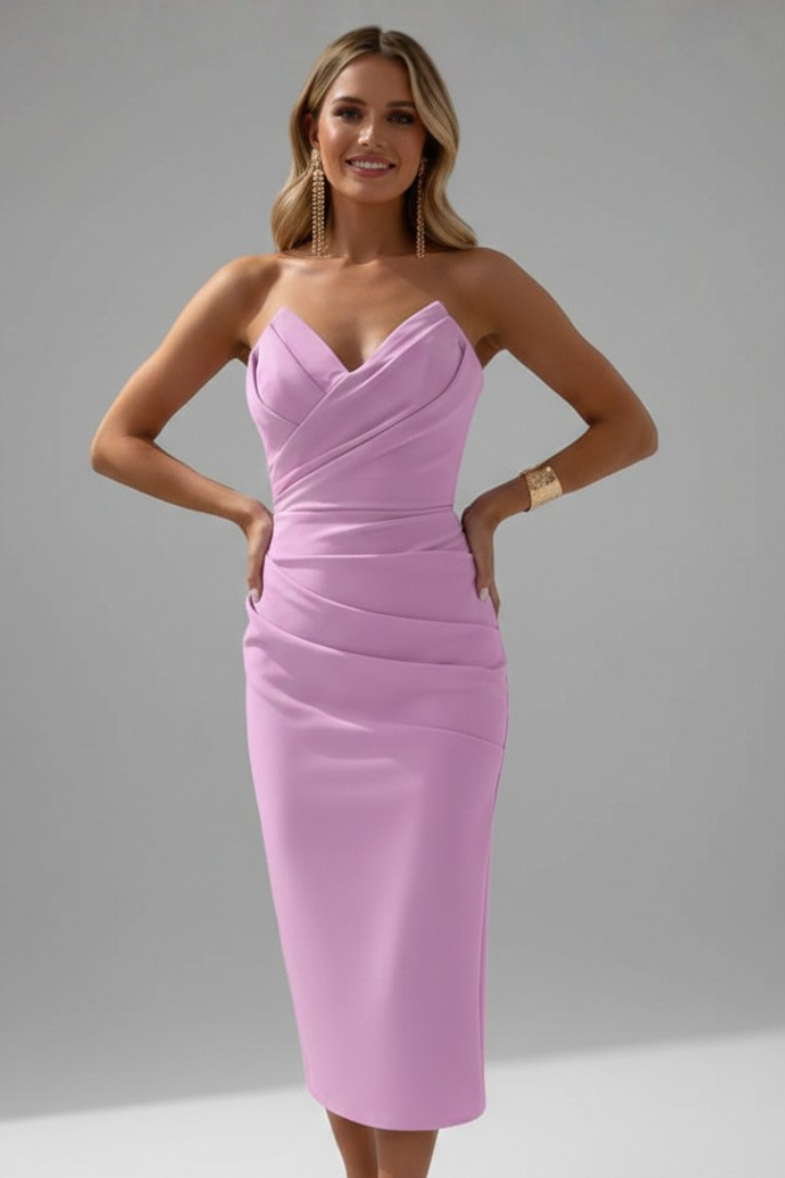 Elegante strapless midi jurk met geplooide pasvorm voor dames
