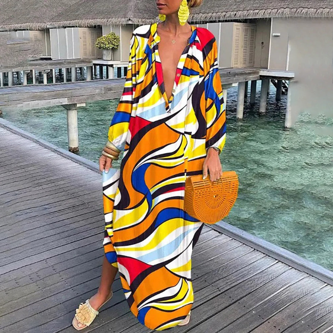 Iselora – Luchtige boho zomerjurk met lange mouwen en ontspannen charme