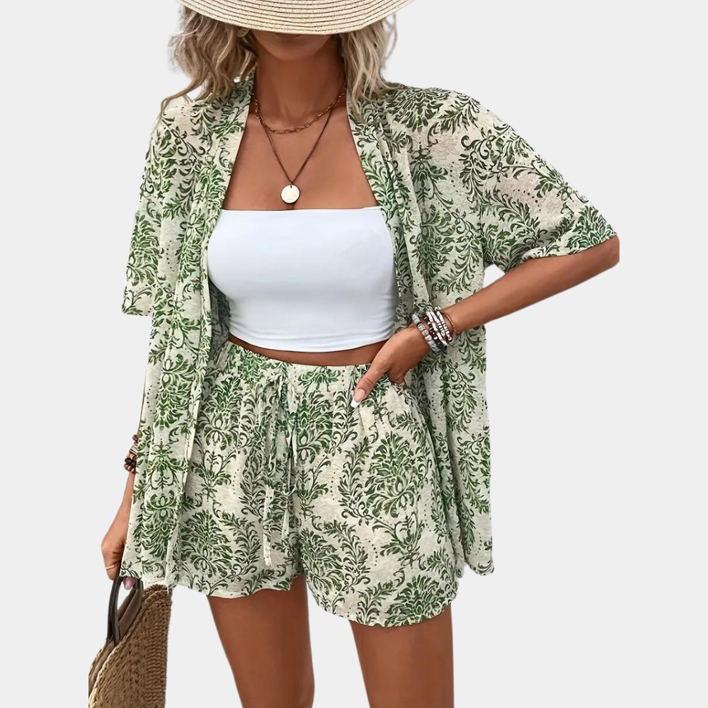 Dames zomerset met blouse en korte broek – lichtgewicht, bedrukt en ademend