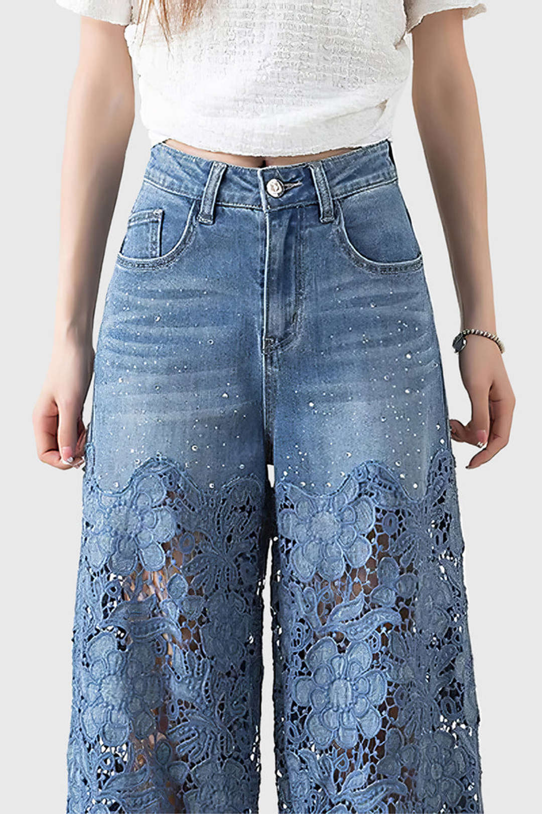 Seraphina patchwork jeans met wijde pijpen en kanten details