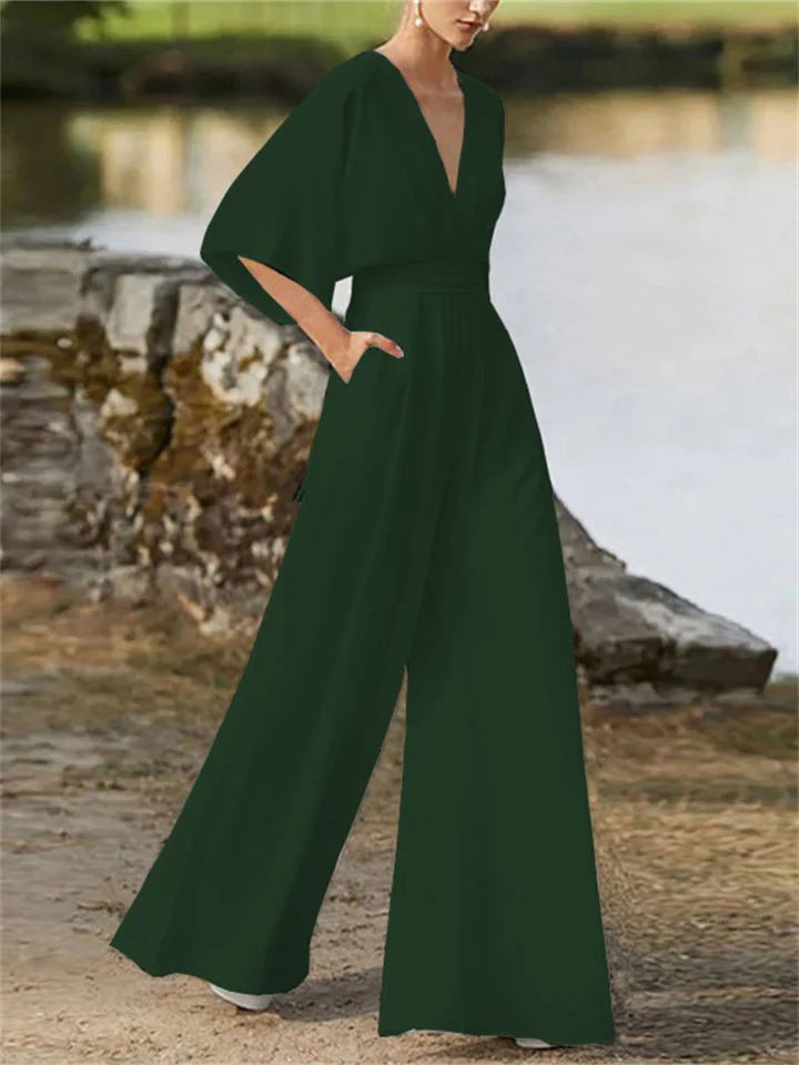 Aurora - Elegante V-hals Jumpsuit met Wijde Pijpen en Vleermuismouwen voor Dames | Perfect voor Lente en Zomer Outfits