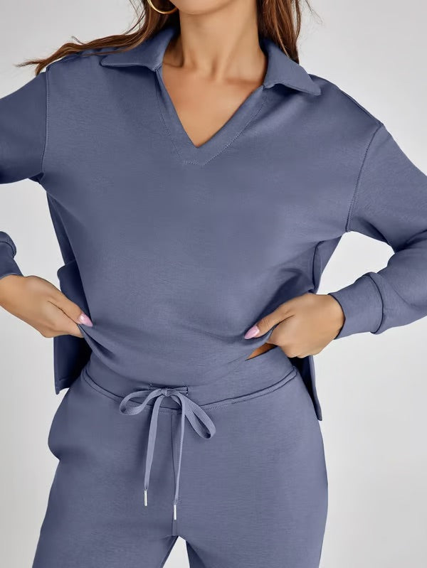 Nerina Set – Dames Tweedelige Lounge Set met V-hals Sweater en Wijde Broek