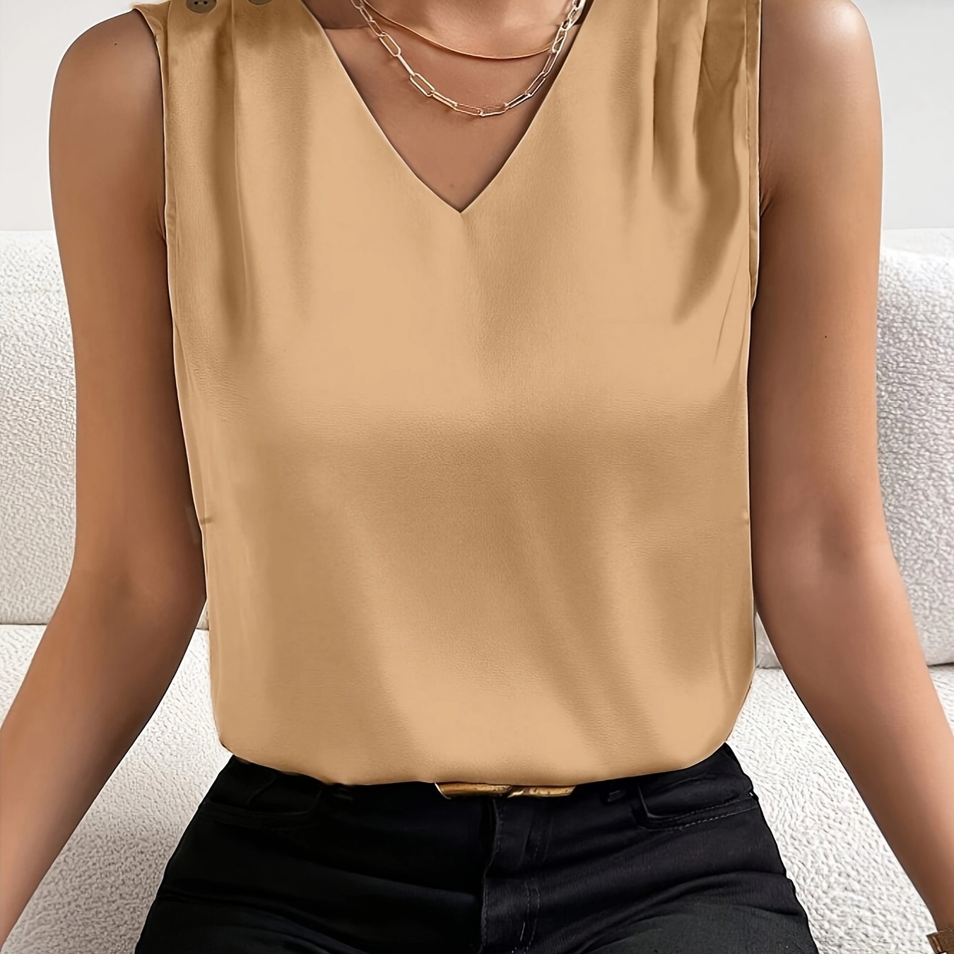 Zafira - Luxe Zomer V-Hals Mouwloze Top met Stijlvolle Knopen en Ademend Design