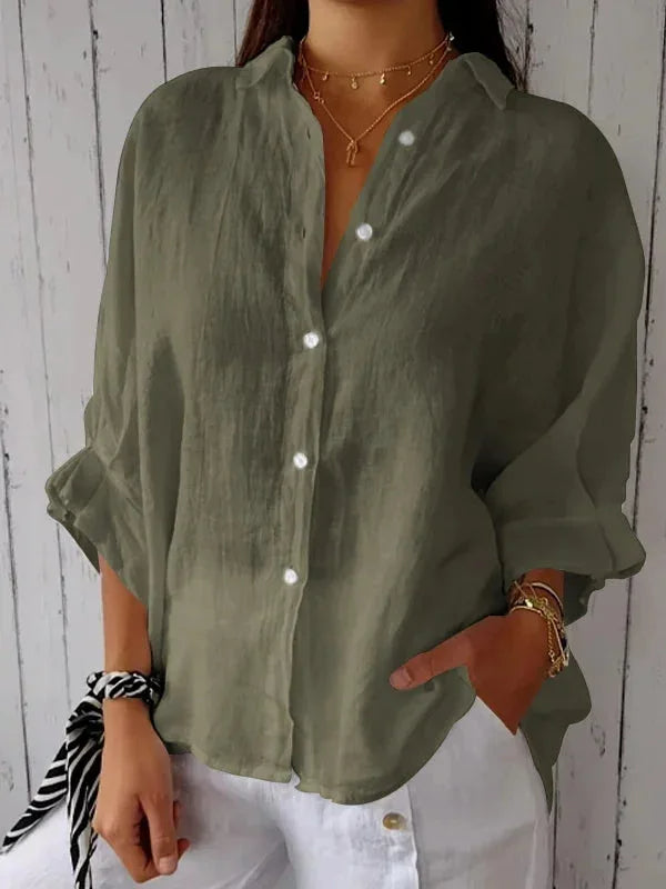 Elara - Elegante Lichtgrijze Linnen Damesblouse met Korte Mouwen en Relaxte Pasvorm