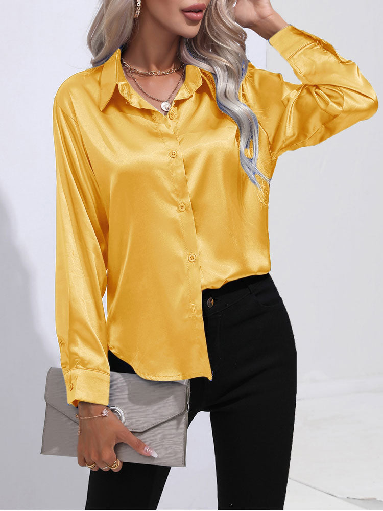 Calenra – Satijnen Blouse met Glans en Klassieke Knopen voor Verfijnde Comfort