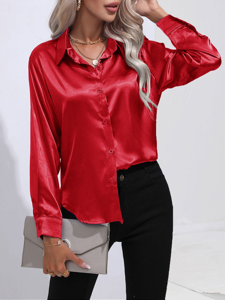 Calenra – Satijnen Blouse met Glans en Klassieke Knopen voor Verfijnde Comfort