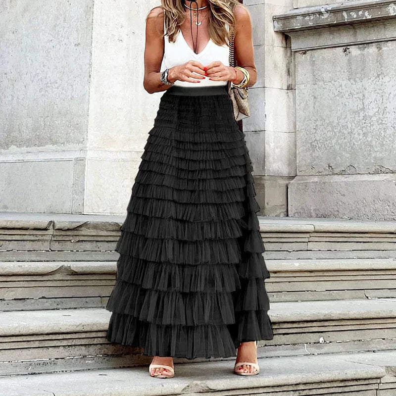 Dames tule maxi rok met elastische tailleband – elegant en veelzijdig