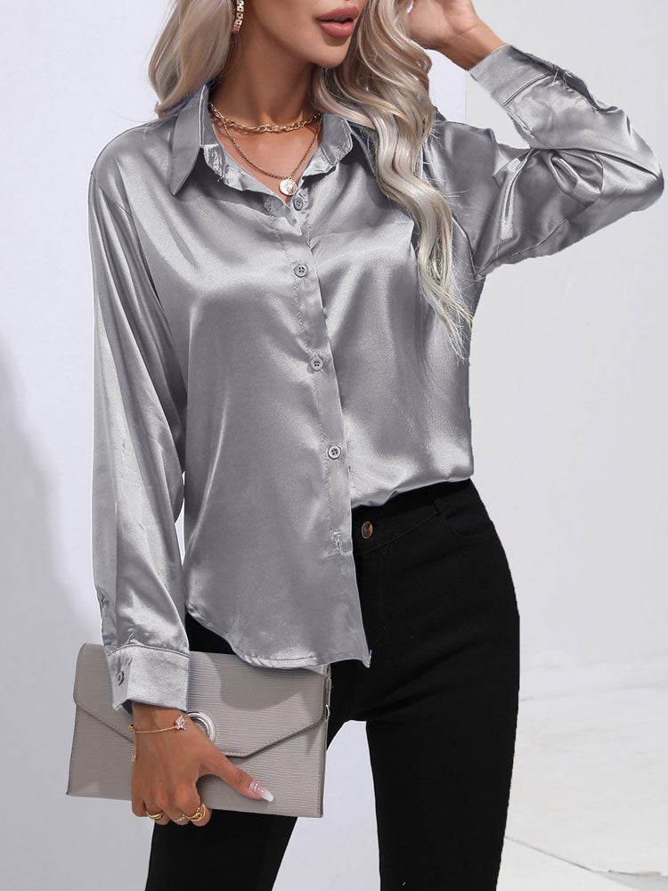 Calenra – Satijnen Blouse met Glans en Klassieke Knopen voor Verfijnde Comfort