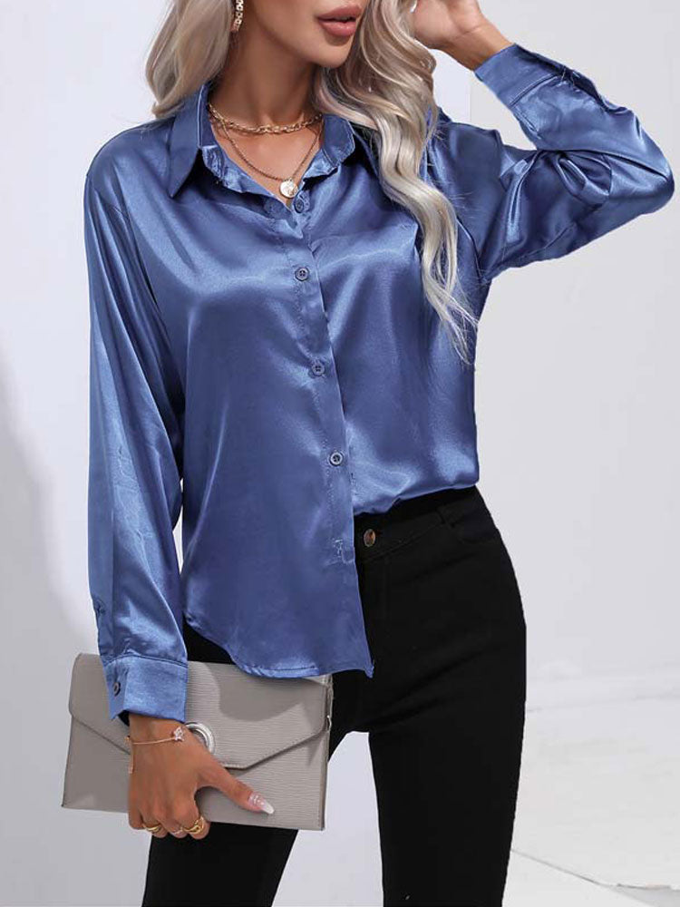 Calenra – Satijnen Blouse met Glans en Klassieke Knopen voor Verfijnde Comfort