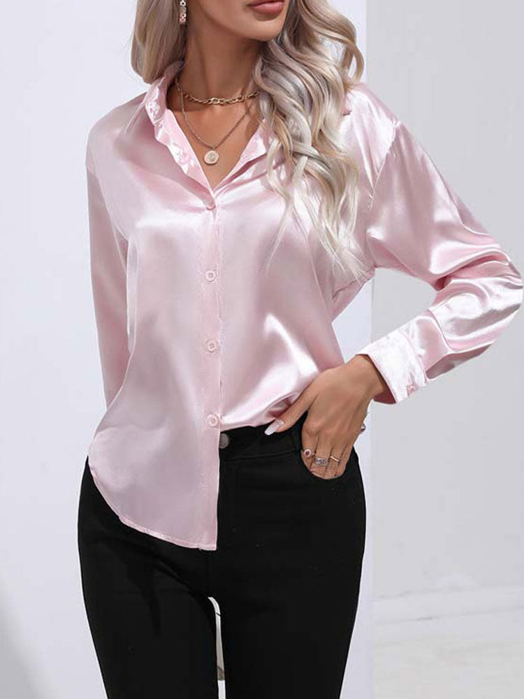 Calenra – Satijnen Blouse met Glans en Klassieke Knopen voor Verfijnde Comfort