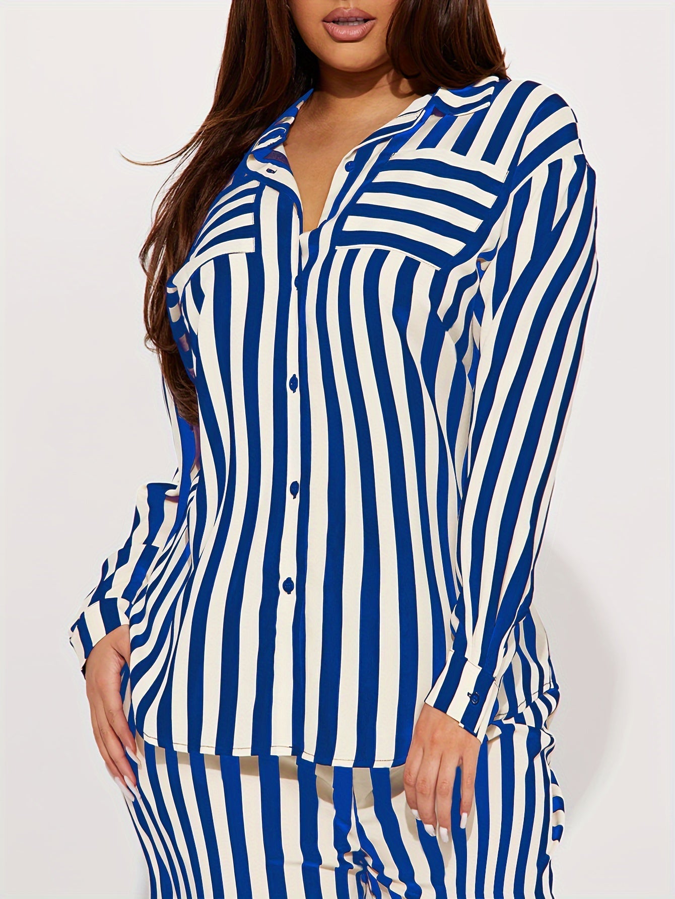 Marcelline Set – Gestreepte Tweedelige Set met Overhemd en Wijde Broek