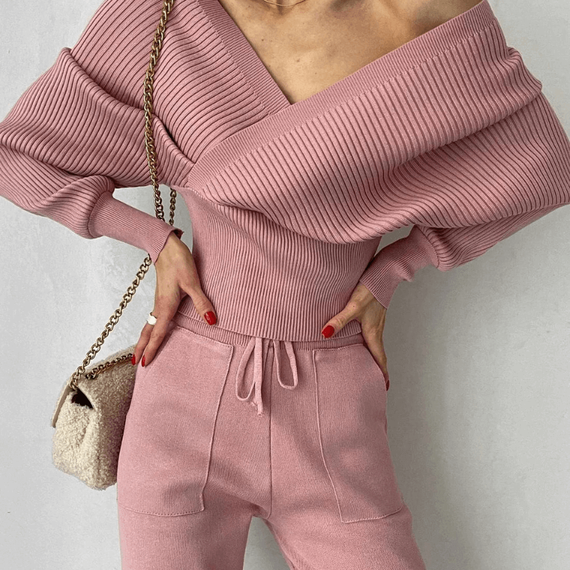 Sylvara Gebreide Tweedelige Set – Dames Trui en Broek voor Comfort & Stijl