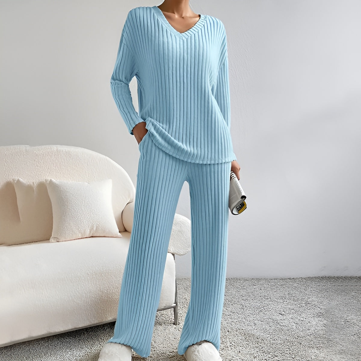 Aveloria – Gebreide Tweedelige Set met V-hals Trui & Broek, Warm & Stijlvol voor Herfst/Winter