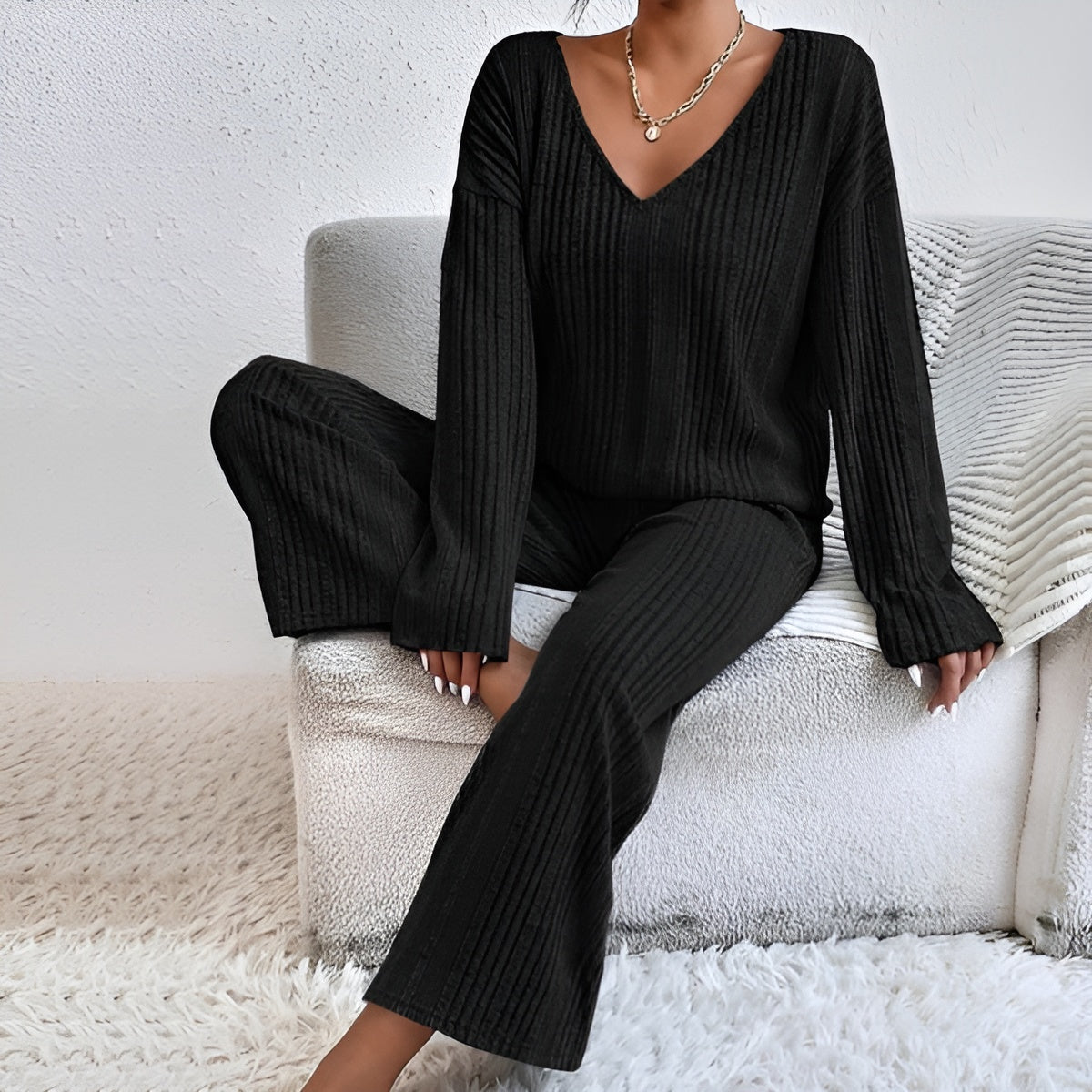 Aveloria – Gebreide Tweedelige Set met V-hals Trui & Broek, Warm & Stijlvol voor Herfst/Winter
