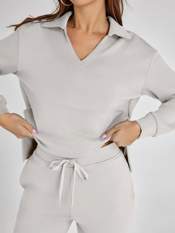 Nerina Set – Dames Tweedelige Lounge Set met V-hals Sweater en Wijde Broek