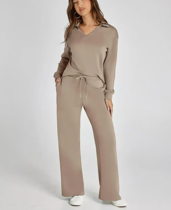 Nerina Set – Dames Tweedelige Lounge Set met V-hals Sweater en Wijde Broek