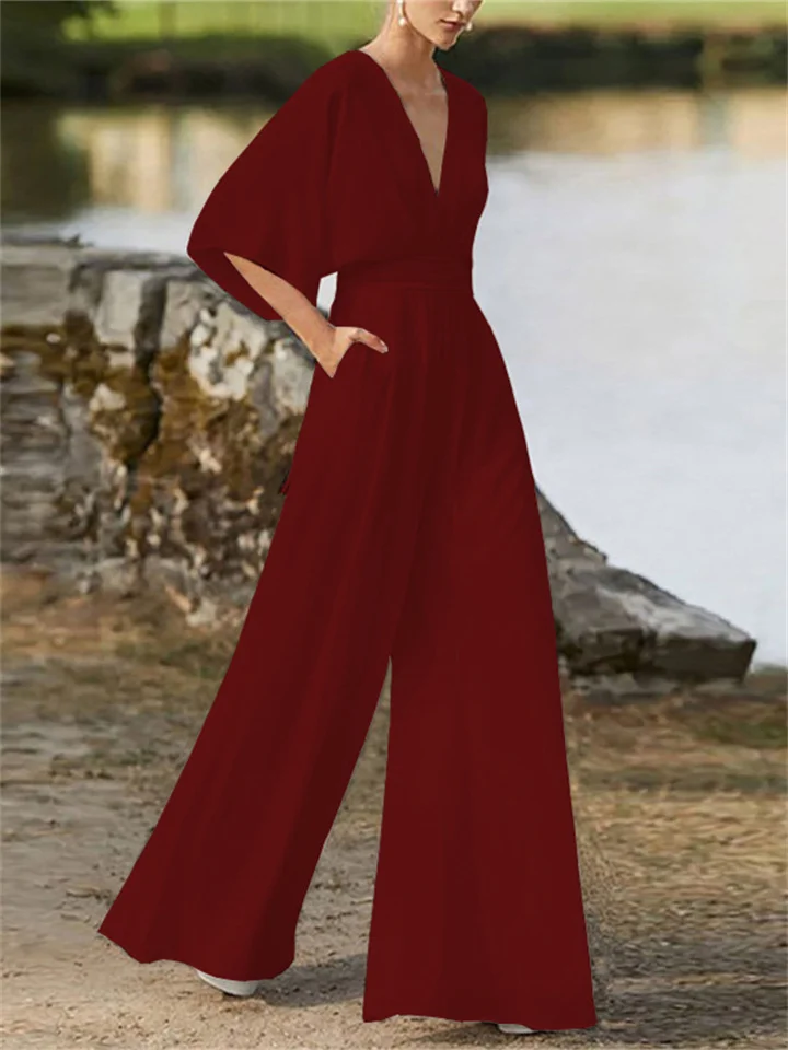 Aurora - Elegante V-hals Jumpsuit met Wijde Pijpen en Vleermuismouwen voor Dames | Perfect voor Lente en Zomer Outfits