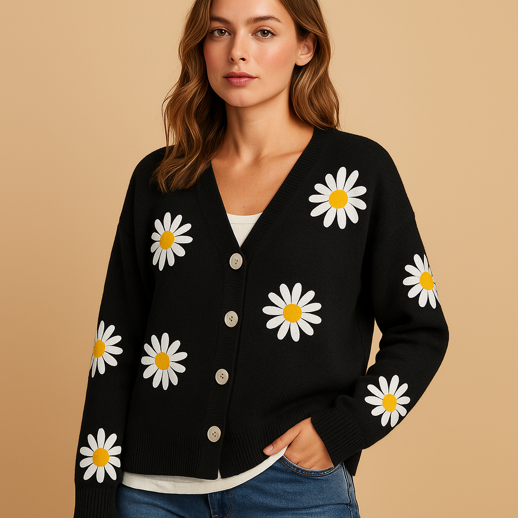 Odette – Gebreid Damesvest met Bloemenpatroon en Tijdloze Elegant﻿ie