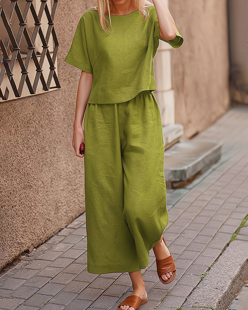 Dames tweedelige loungeset met korte mouwen en lange broek – comfortabel en stijlvol