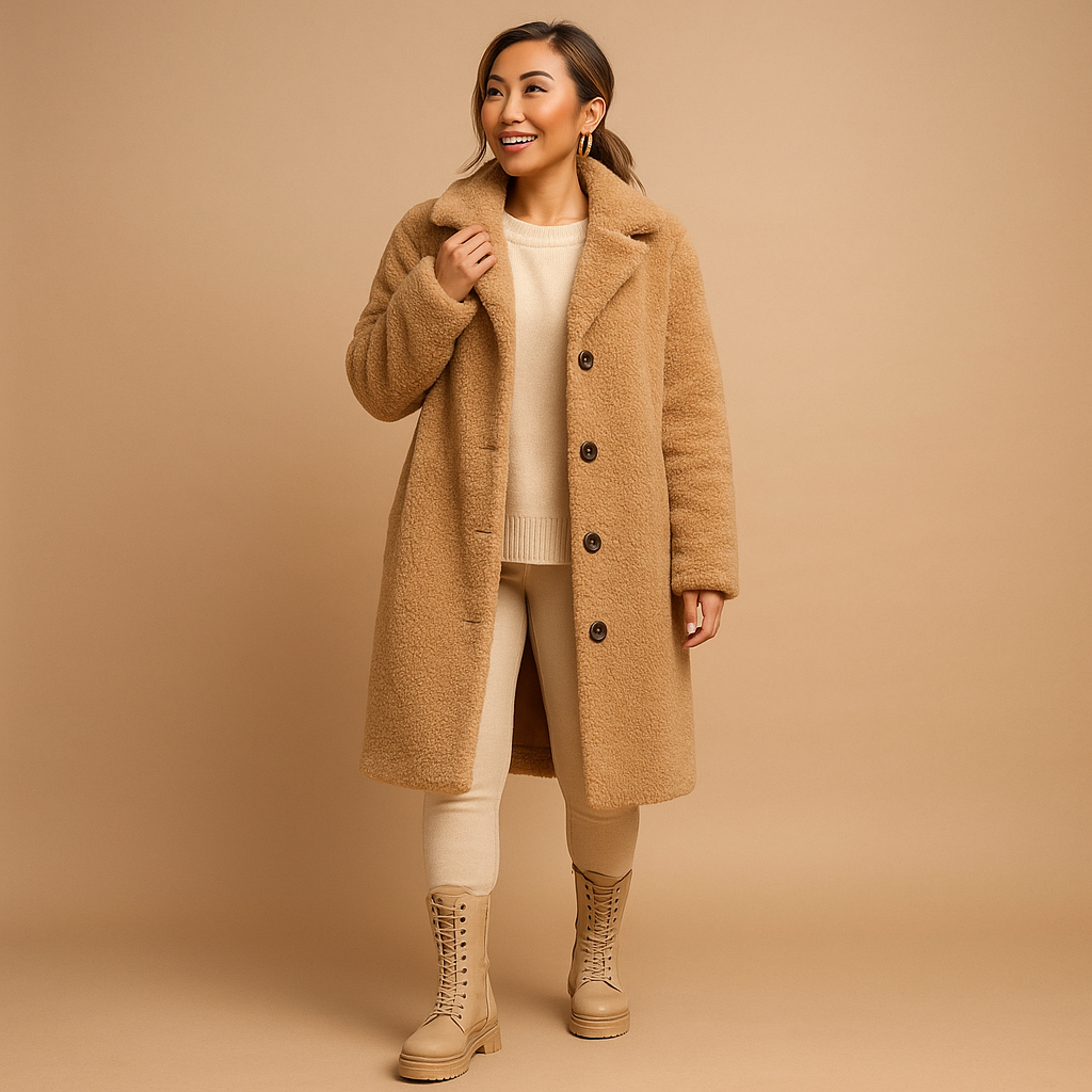Alira – Lange teddy jas in beige voor dames met luxueuze zachte afwerking