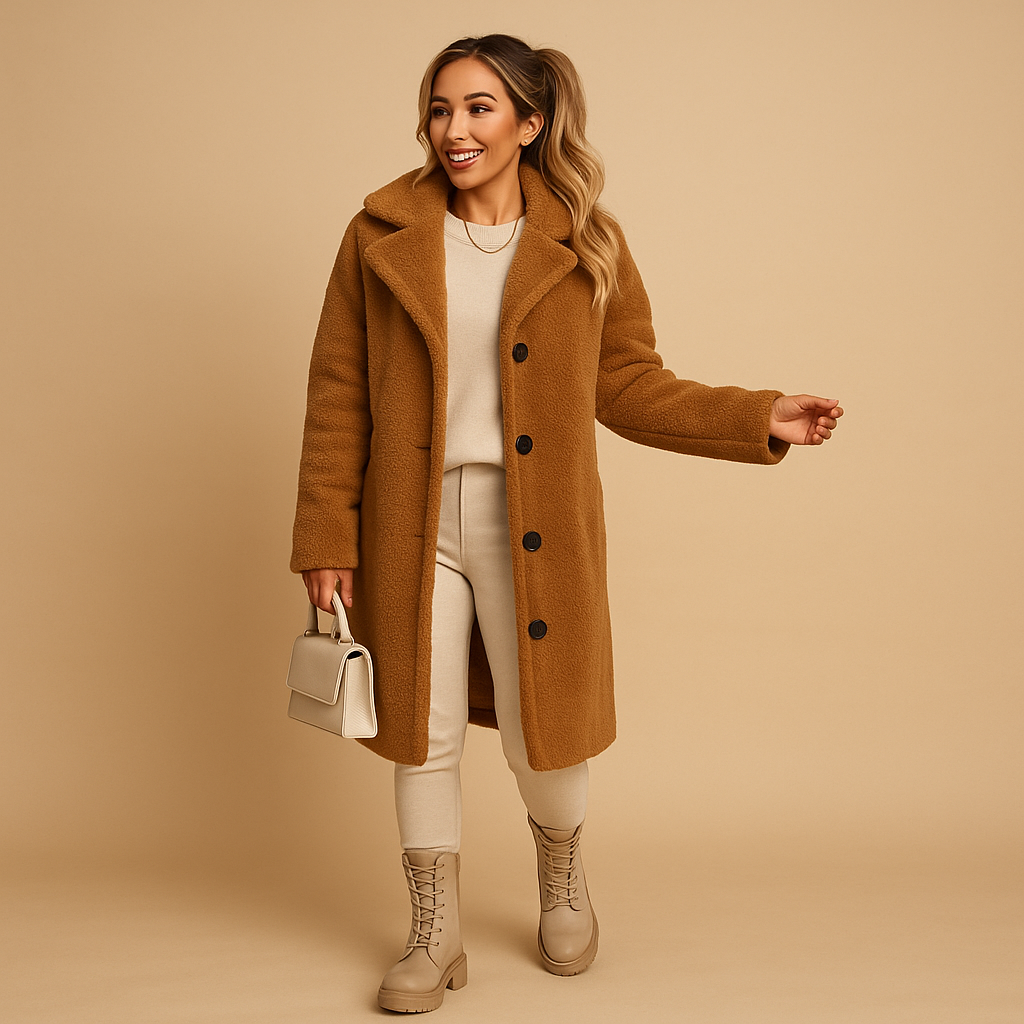 Alira – Lange teddy jas in beige voor dames met luxueuze zachte afwerking