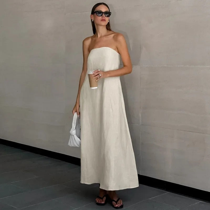 Strapless dames maxi jurk van linnen – lichtgewicht en ademend
