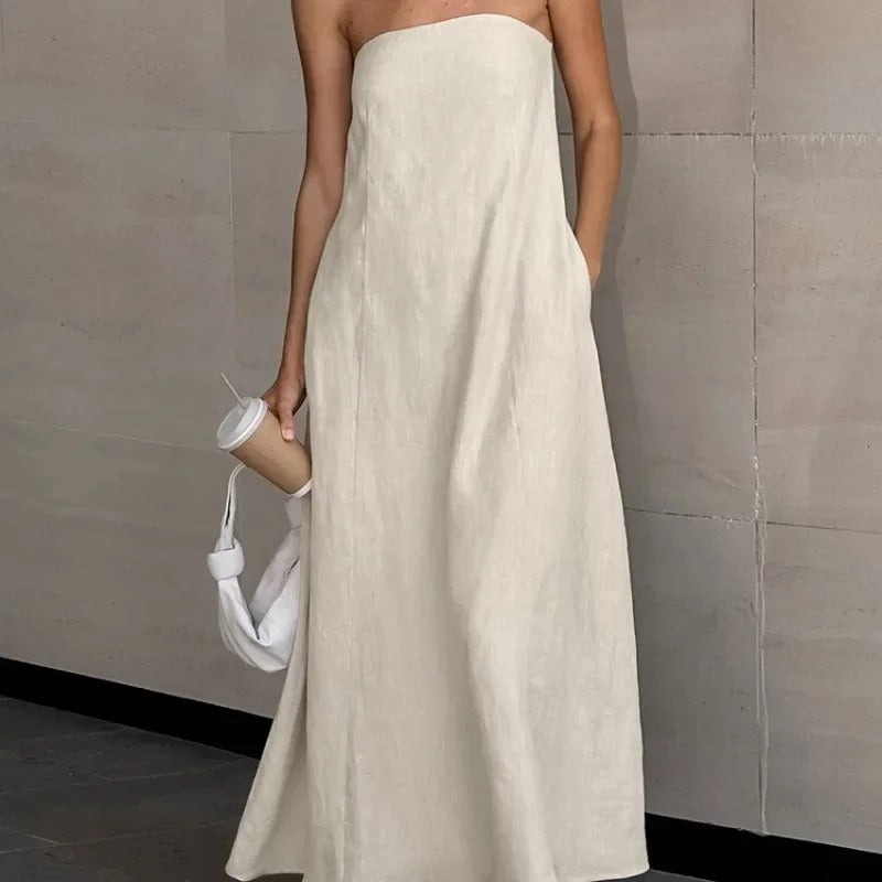Strapless dames maxi jurk van linnen – lichtgewicht en ademend