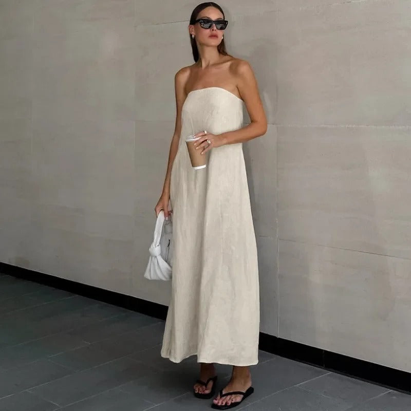Strapless dames maxi jurk van linnen – lichtgewicht en ademend
