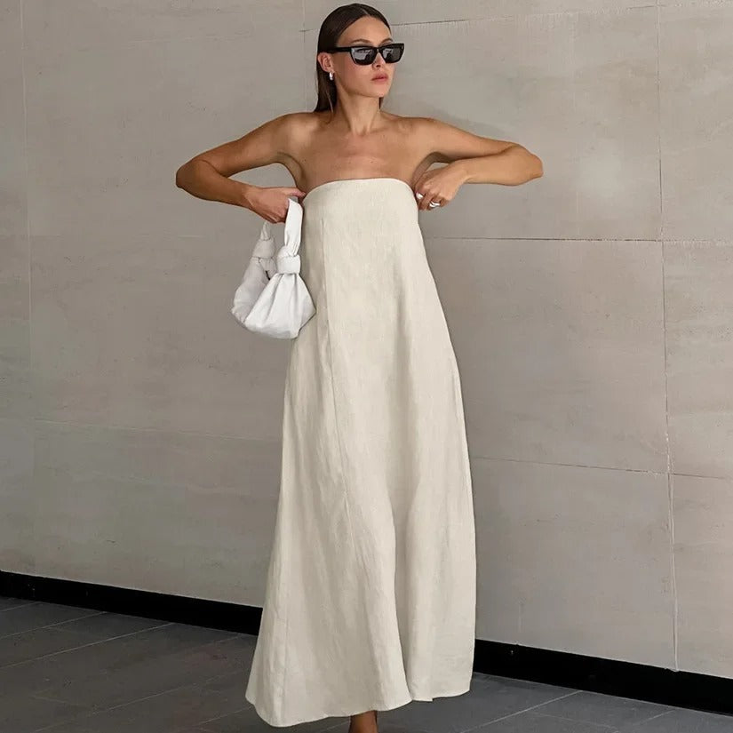 Strapless dames maxi jurk van linnen – lichtgewicht en ademend