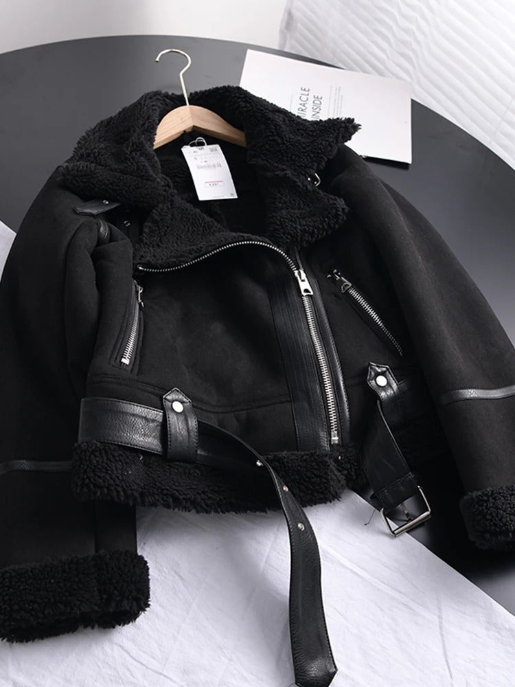Soline Leather Jacket – zwarte damesjas met shearling voering en stoere elegantie